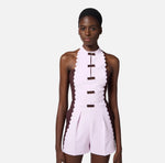 Jumpsuit aus doppelt dehnbarem Crêpe mit besticktem, gewelltem Besatz