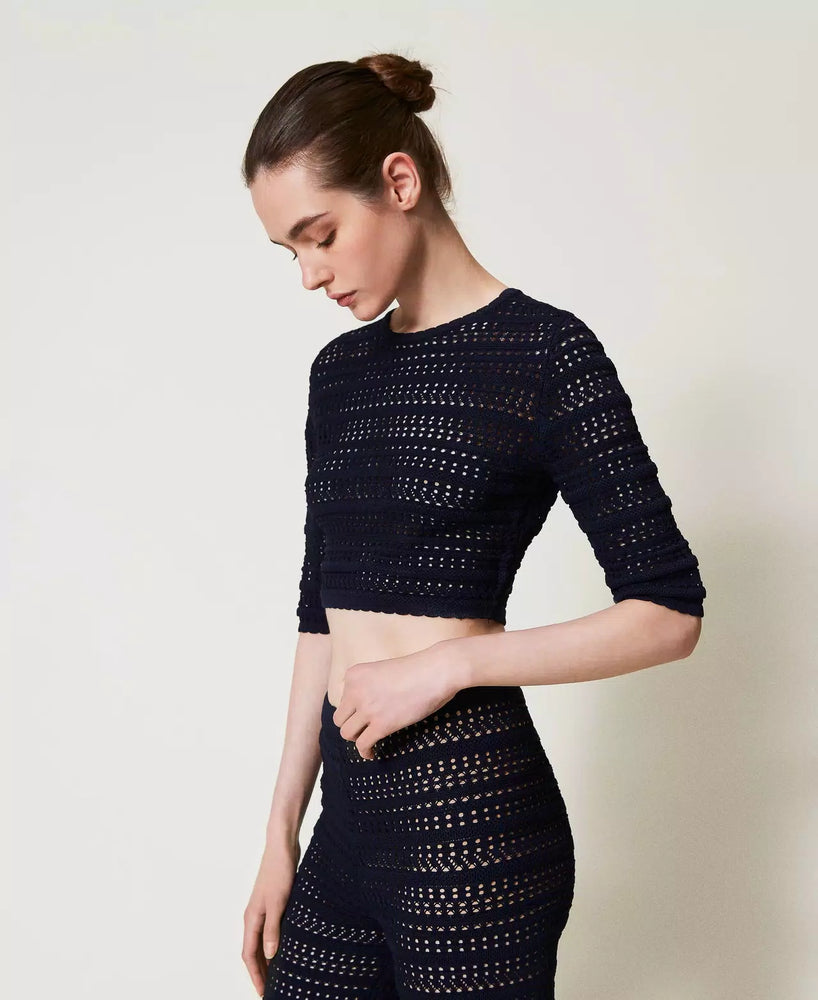 Cropped-Pullover mit Lochmuster