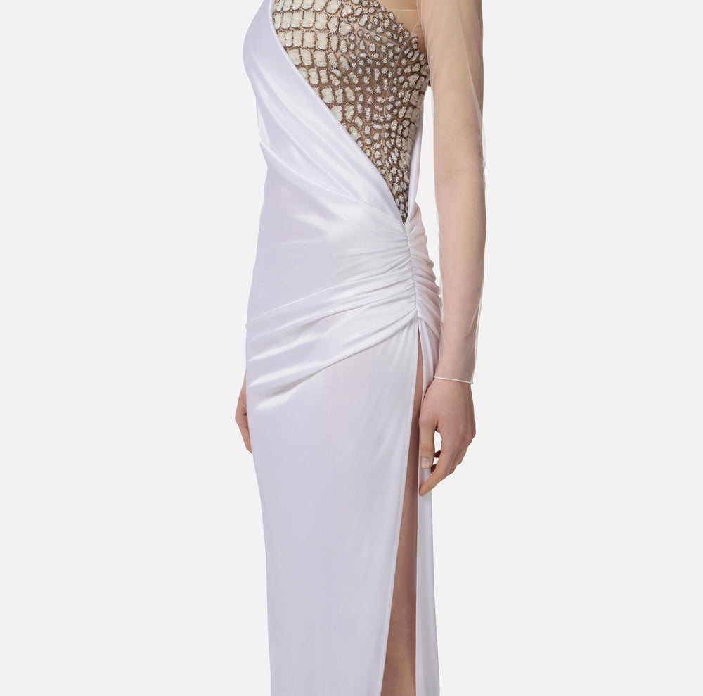 Red Carpet-Kleid aus Tüll und Jersey mit Stickereien mit Kokosnuss-Effekt