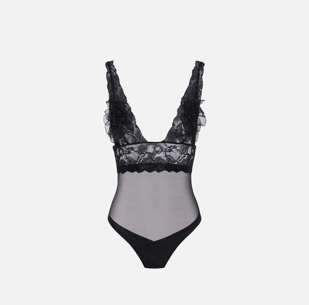 Spitzen-Body aus Tüll mit 3D-Blumen