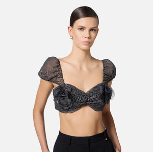 Top aus Tüll mit Tupfen-Print und Blumen-Stickerei