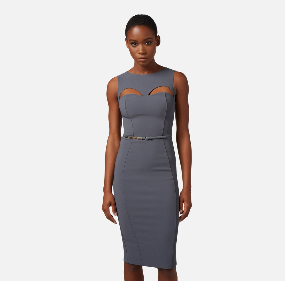 Midi-Kleid aus Fuktionsgewebe mit Gürtel und Cut-out