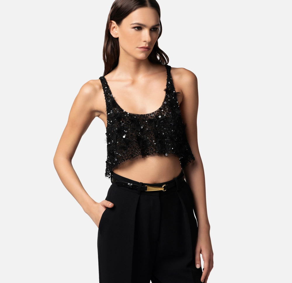 Cropped-Top aus besticktem Tüll