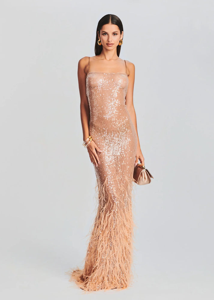ODESSA SEQUIN FEATHER DRESS