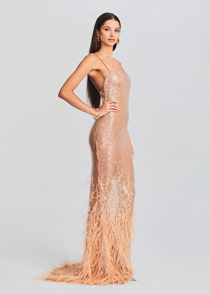 ODESSA SEQUIN FEATHER DRESS