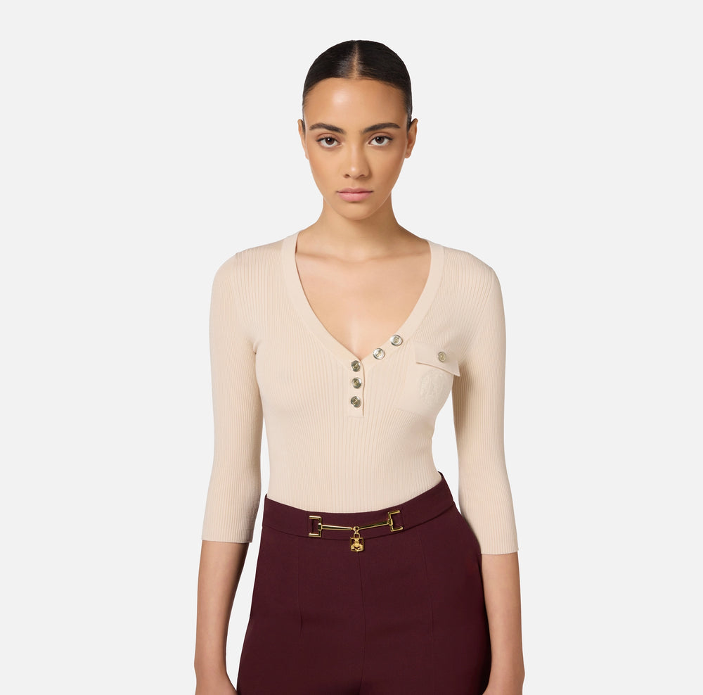 Pullover mit V-Ausschnitt aus Viskose und Seide in Rippoptik mit Logo-Stickerei