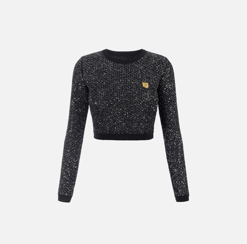 Cropped-Top aus Wolle mit Paillettengarn.