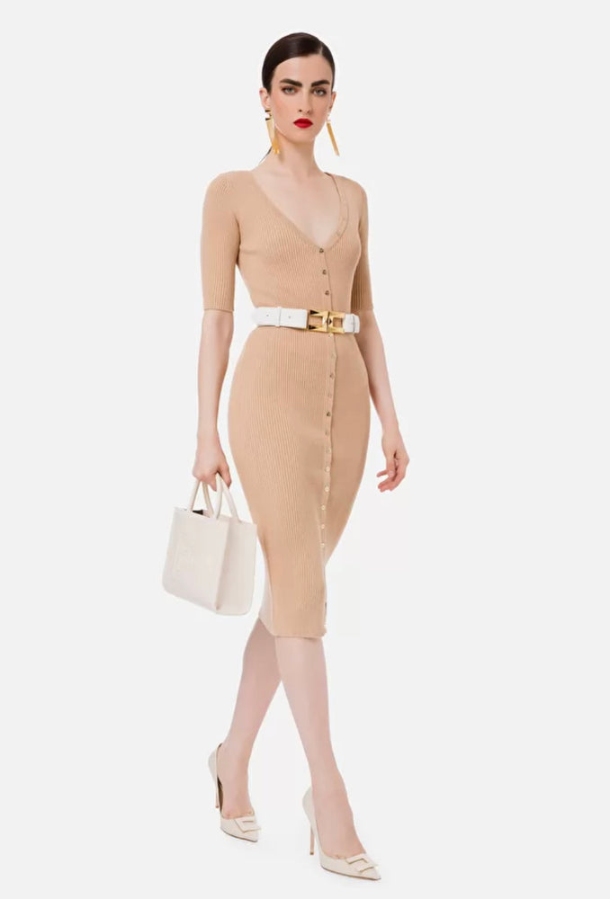 Midi-Kleid mit V-Ausschnitt Cappuccino