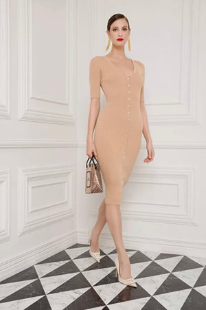 Midi-Kleid mit V-Ausschnitt Cappuccino